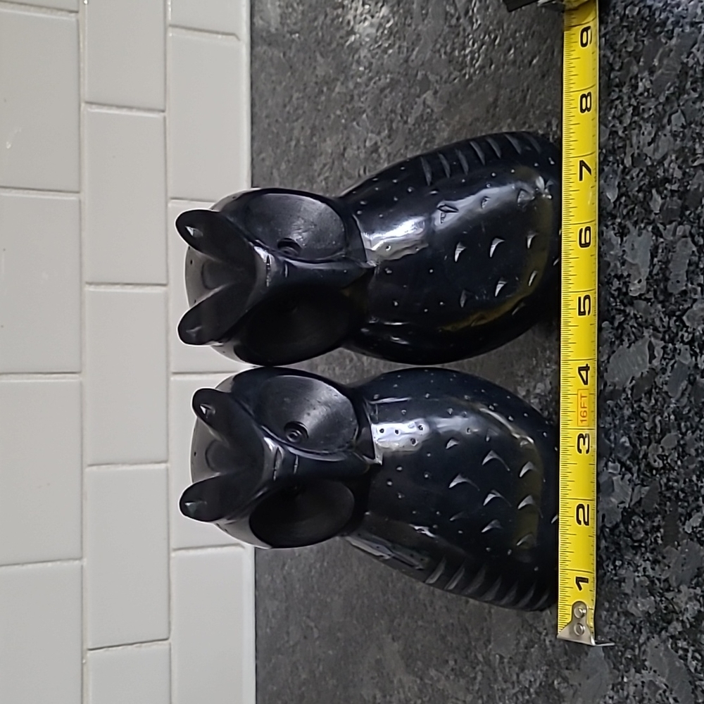 Vintage Hand Carved Black Stone Onyx Owl Shaped Office Library Bookends - Picture 10 of 12